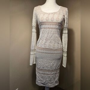 BCBG Maxazria Size XS White Tan Alice Mixed Lace Sheer long sleeve Sheath Dress